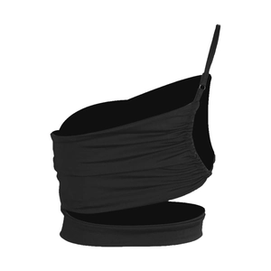 Detail of black one-shoulder top with side ruched texture and asymmetric waist cut-out