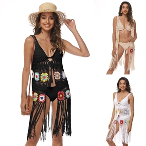 Cache-maillot de plage au crochet pour femme avec fleurs, col en V et longues franges