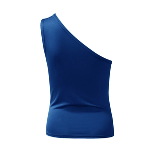 Detailed back view of dark blue one-shoulder tank top showing high-quality stitching