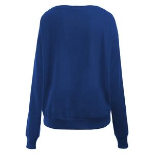 Rückansicht eines dunkelblauen Langarm-Sweatshirts mit geripptem Saum und Ärmelbündchen