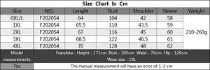 Detailed size chart in centimeters for women plus size long sleeve casual t-shirt tops