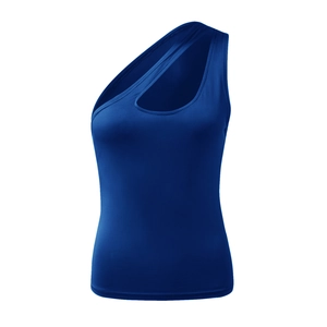 Detail of royal blue one-shoulder tank top featuring chic cutout and ribbed fabric