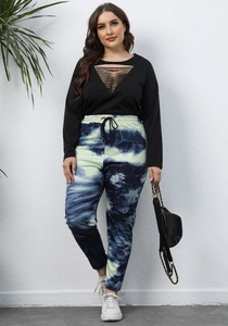 Plus size long sleeve cutout top with tie-dye sweatpants casual matching set