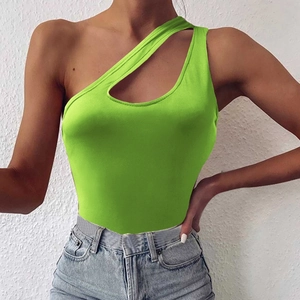 Women's slim fit neon green bodysuit featuring asymmetrical one-shoulder and cutout design