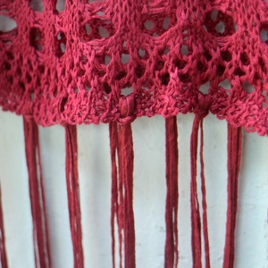Close-up of deep red crochet knit fabric with hollow mesh design and long tassel details