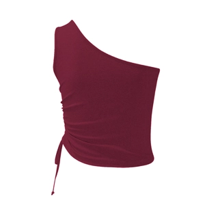 Detail of burgundy one shoulder crop top with adjustable drawstring ruched side design