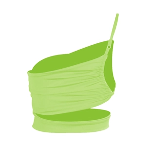 Detail of lime green one-shoulder crop top featuring ruched fabric and waist cut-out