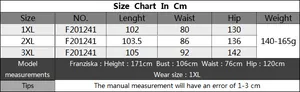 Detailed size chart in CM for plus size beach lantern pants with model measurements