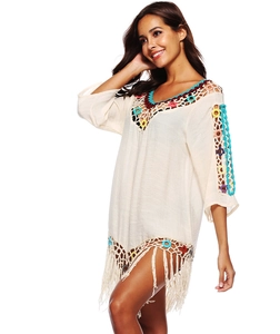 Beige off-shoulder beach cover-up dress with crochet lace, tassels and colored rings