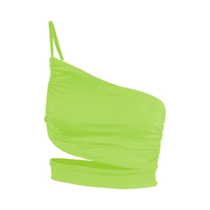Detail of neon green asymmetric crop top featuring waist cutout and ruched side