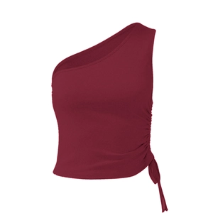 Detail view of burgundy one-shoulder top with adjustable drawstring ruching