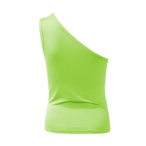 Detail of lime green one-shoulder asymmetric tank top with elastic ribbed fabric texture