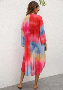 Women's colorful tie-dye mesh kimono cover-up with lightweight sheer fabric for beachwear