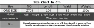 Detailed size chart in cm for one size wrap beach skirt with tassel length and waist info