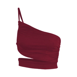 Women's burgundy one-shoulder cutout crop top with ruched side and irregular strap
