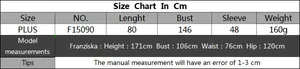 Detailed size chart for plus size crochet beach cover up with measurements and model info