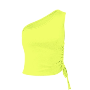 Close-up detail of the side drawstring ruching on this neon yellow one shoulder top