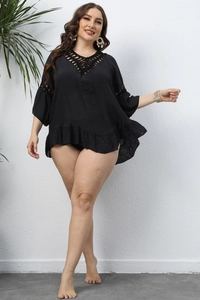 Plus size black chiffon beach cover-up with lace crochet and ruffled hem details