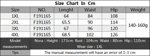 Size chart for women's plus size printed shorts from 1XL to 4XL with measurement guide