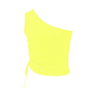 Detail of the side drawstring ruched texture on a neon green one-shoulder crop top