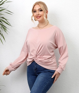 Women's pink long sleeve t-shirt with twist knot front and off-shoulder neckline