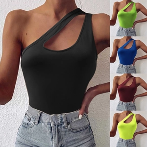 Women Sexy One Shoulder Cutout Tank Top Asymmetric Sleeveless Solid Color Slim Fit Vest Streetwear Summer Party Bodycon Top