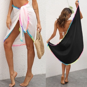 Jupe Sarong de Plage Bohème pour Femmes Avec Glands Pompons Colorés Cache-Maillot de Bain à Nouer Latéralement Jupe de Vacances Couleur Unie