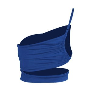 Close-up of asymmetric cutout on navy blue ribbed crop top with ruching details
