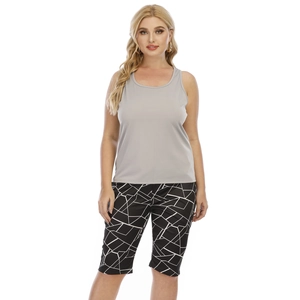 Plus size grey tank top and black geometric print biker shorts set on a white background