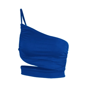 Detail of royal blue one-shoulder cropped top with side ruching and cutout design