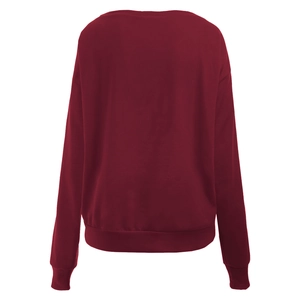 Rückansicht eines schlichten burgunderroten Langarm-Sweatshirts mit Rippbündchen am Saum