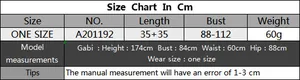Detailed size chart for crochet tassel beach top with model measurements and fit guide