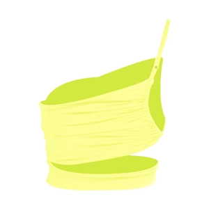 Detail of neon green one shoulder crop top with ruched fabric and waist cutout