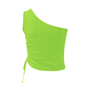 Detail of neon green one-shoulder crop top with adjustable drawstring and ruched side