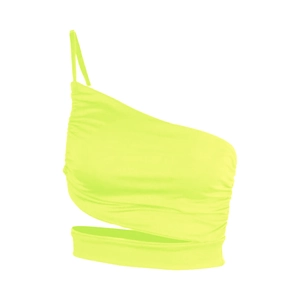 Detail of neon yellow one-shoulder crop top with side ruching and waist cutout design