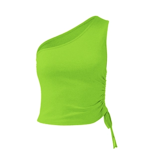 Detail of drawstring ruching and asymmetric shoulder on neon green crop top