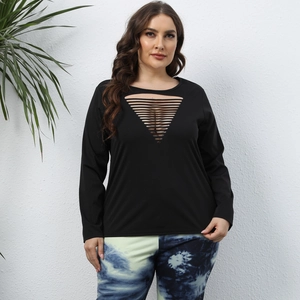 Detail of the ladder-cut hollow out design on a black long sleeve plus size t-shirt