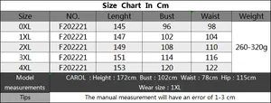 Detailed size chart for plus size maxi dress including length, bust, and waist measurements