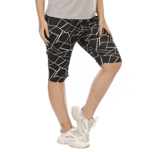 Close-up of women plus size bermuda shorts with irregular white geometric print