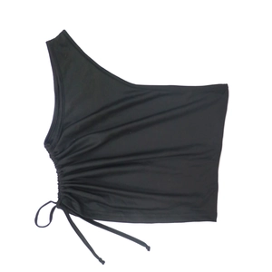 Detail of black one-shoulder cropped top showing drawstring side ruched texture