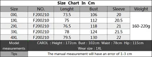 Detailed size chart for women plus size casual short sleeve t-shirt with measurements