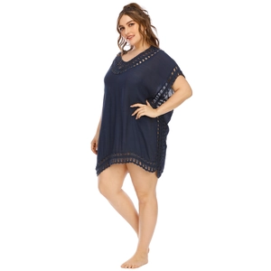 Detail of V-neck crochet hollow knit patterns on navy blue oversized beach cover-up dress