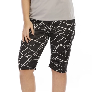 Detail view of plus size athletic shorts featuring black and white geometric print