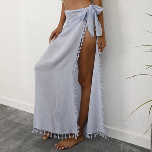 Women Sexy Beach Wrap Skirt Sarong With Tassels Side Tie One Piece Solid Color Bohemian Resort Wear Maxi Skirt Cover Up
