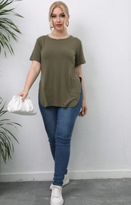 Detail view showing side slit design and hemline of olive green casual plus size T-shirt