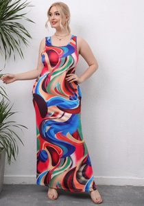 Detail of plus size maxi dress featuring vibrant abstract swirl print and sleeveless design