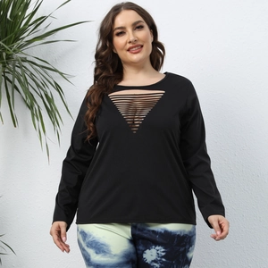 Women Plus Size Sexy Hollow Out Long Sleeve T-Shirt Solid Color Round Neck Casual Knitted Top Fashion Plus Size Apparel