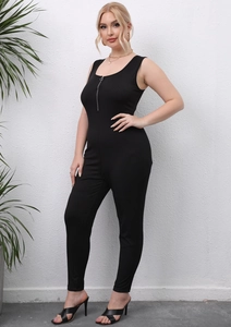Close-up of black ribbed long jumpsuit with front zipper detail and sleeveless slim fit cut