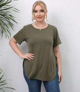 Detail view of army green plus size tunic featuring a curved hem and side slit design