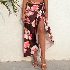 Jupe Portefeuille pour Femmes à Imprimé Floral Tropical Décontractée Plage Fendue Irrégulière à Nouer Café Jupe Maxi Robe de Vacances